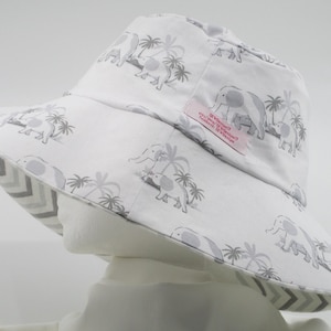 Bucket Hat 24&quot; XLarge reversible bucket hat, hat for big heads, XLG sun hat, Vacation, Elephants Palm tree, baby Elephant, white bucket hat