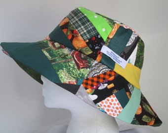 Bucket Hat 25" XX Large hat, Orange 2XL patchwork hat, hat for big heads, 2XL bucket hat, reversible hat, Crazy Quilt, Upcycle hat