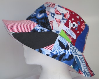 Bucket Hat 25" XX Large hat, Patriotic 2XL patchwork hat, hat for big heads, 2XL bucket hat, reversible hat, Dolphin, Crazy Quilt, Upcycle