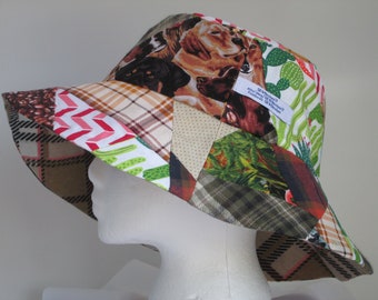 Bucket Hat 25" XX Large hat, 2XL patchwork hat, hat for big heads, 2XL bucket hat, reversible hat, Dogs, Cactus, Crazy Quilt, Upcycle hat