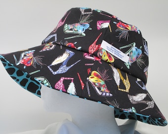 Bucket Hat 25" XX Large hat, High Heel shoes, 2XL hat for big heads, 2XL bucket hat, reversible hat, blue leopard, fabulous shoes, Fashion