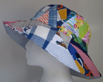 Bucket Hat 25" XX Large hat, Woodie Wagon 2XL patchwork hat, hat for big heads, 2XL bucket hat, reversible hat, Crazy Quilt, Upcycle hat