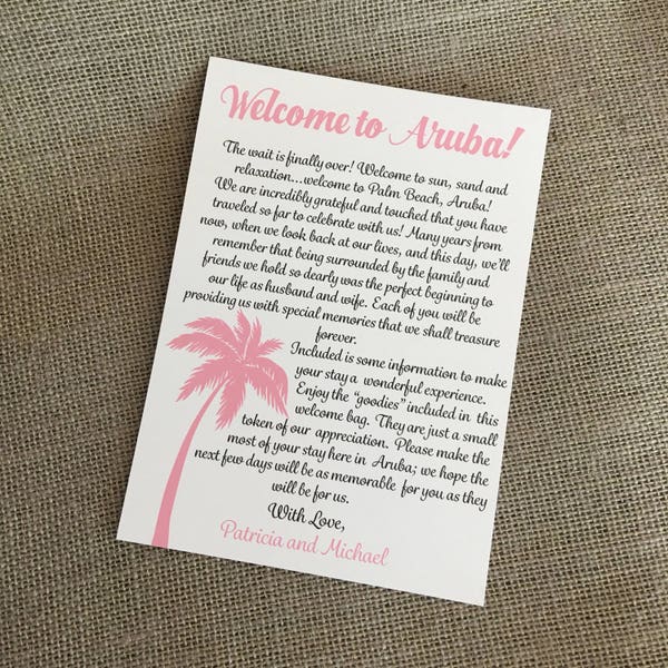Carta de bienvenida de la boda de la playa, 5 "x 7" carta de bienvenida, carta de bienvenida de la boda del destino, carta de bienvenida de la boda, bienvenida de la boda tropical