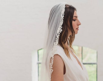 Lace edged veil, beaded lace wedding veil, sparkling lace soft bridal veil, single tier lace veil, lace trim veil, full lace edge | SOPHIA