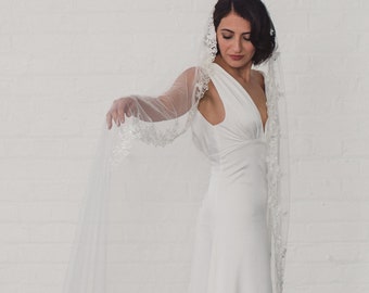 Lace mantilla veil, soft beaded wedding veil, lace bridal veil, flowing, raw edge, sheer veil, floral, silk style veil | GISELLE