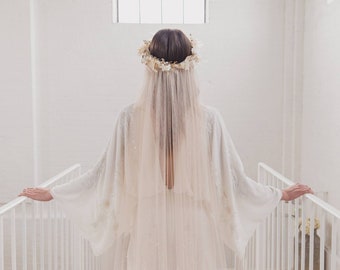 Flower crown veil, soft boho wedding veil, silk style bohemian bridal veil, single tier, raw cut edge, English Net, simple, minimal | WISDOM