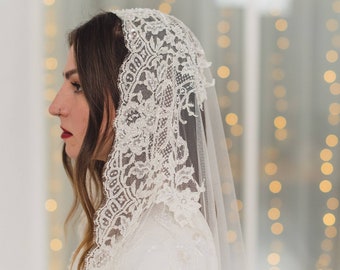 Chantilly lace mantilla veil, soft beaded wedding veil, French lace bridal veil, sequins, pearls, vintage, glamour, silk style veil | DAWN