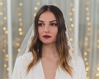 Lace edge mantilla veil, floral lace drop wedding veil, trimmed bridal veil, Spanish veil, lace trim circle veil, full lace edge | FRANCINE