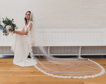 Lace edged veil, eyelash lace wedding veil, corded lace soft bridal veil, single tier lace veil, lace trim veil, full lace edge | ISABELLA