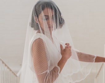 Dotted drop veil, two tier lace veil, polka dot wedding veil, spotted blusher veil, point d'esprit, full lace edge, lace trim veil | MIA