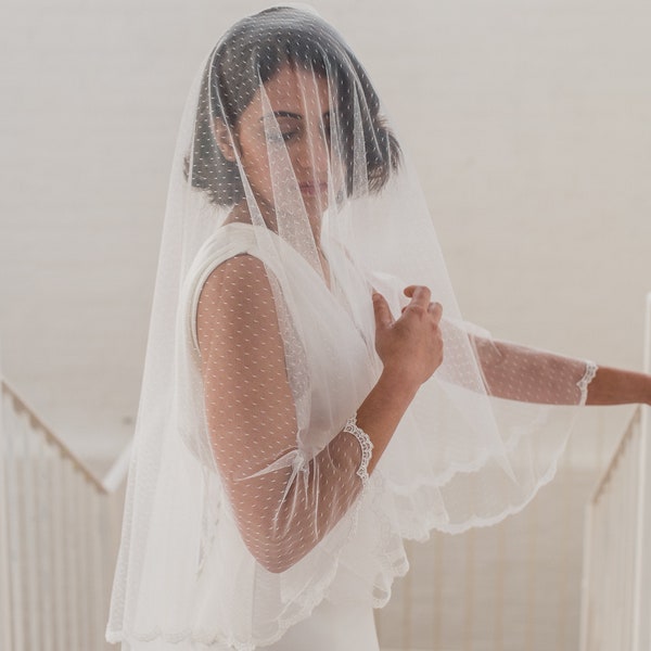 Dotted drop veil, two tier lace veil, polka dot wedding veil, spotted blusher veil, point d'esprit, full lace edge, lace trim veil | MIA