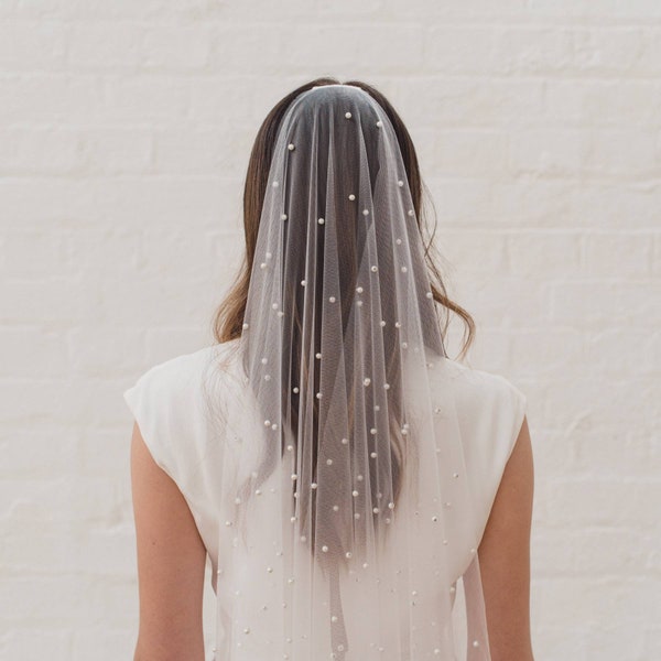 Pearl wedding veil, barely there pearl veil, soft veil with pearls, ultra sheer, pearl bridal veil, transparent, modern, cool bride | INES