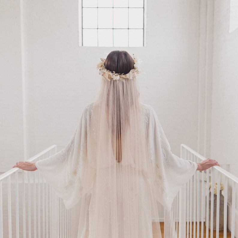 Flower crown veil, soft boho wedding veil, silk style bohemian bridal veil, single tier, raw cut edge, English Net, simple, minimal WISDOM image 1