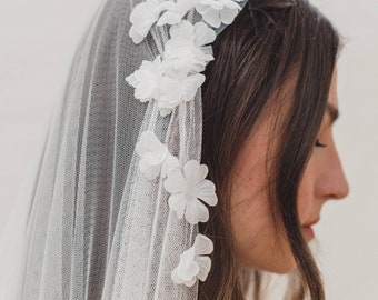 Boho Juliet cap veil, bohemian floral wedding veil, soft pompom edge veil, silk style Juliet veil, flowers, Kate Moss bridal veil | LAURENA