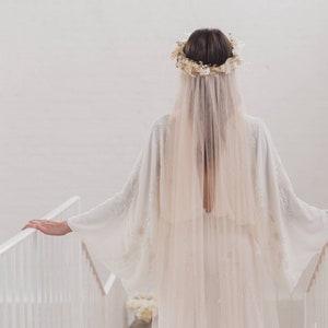 Flower crown veil, soft boho wedding veil, silk style bohemian bridal veil, single tier, raw cut edge, English Net, simple, minimal WISDOM image 5
