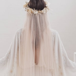 Flower crown veil, soft boho wedding veil, silk style bohemian bridal veil, single tier, raw cut edge, English Net, simple, minimal WISDOM image 2