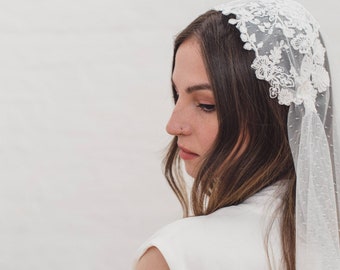 Boho dotted Juliet cap veil, bohemian floral lace wedding veil, point d'esprit veil, soft polka dot veil, Kate Moss bridal veil | LAYLA