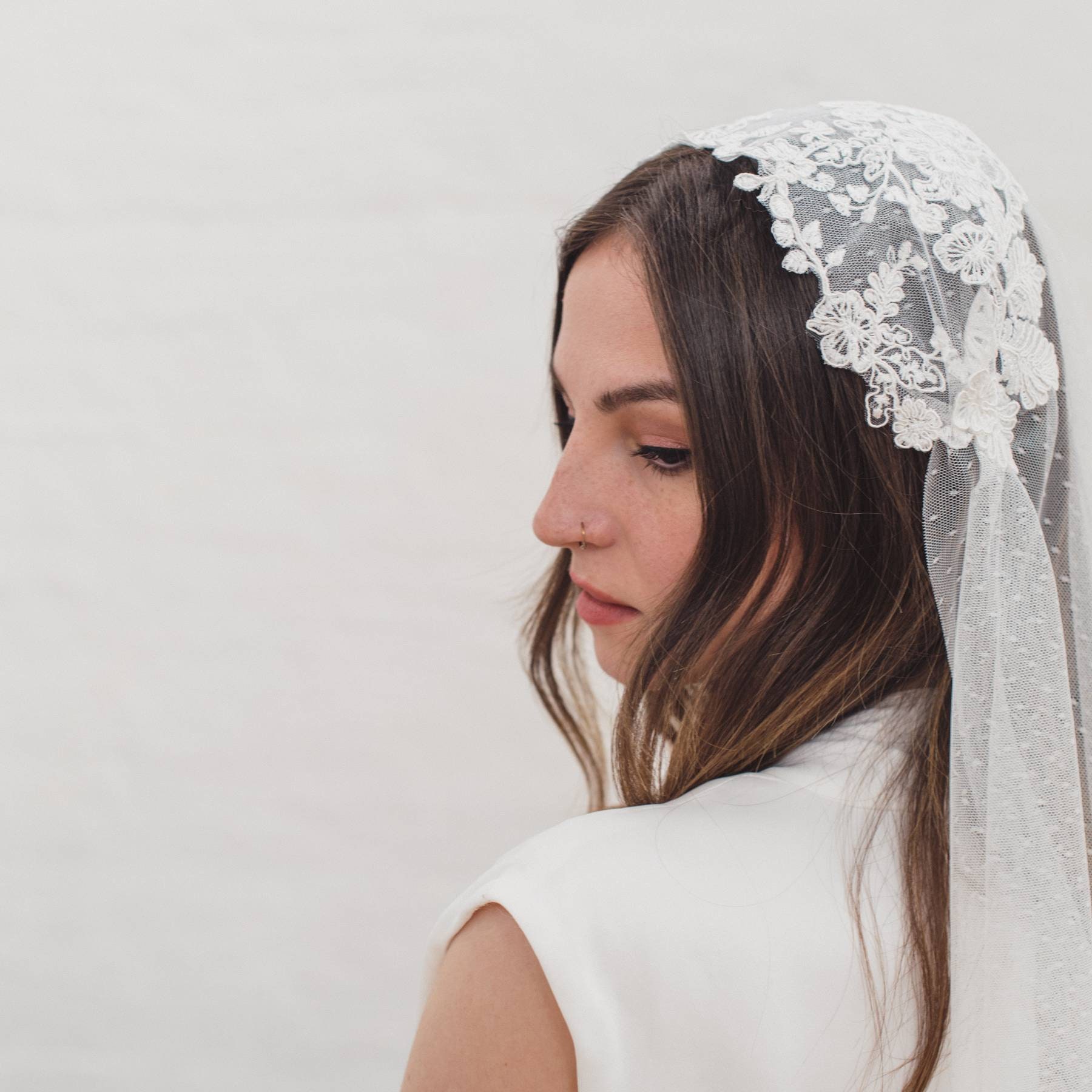 Floral Lace Juliet Cap Wedding Veil: Dotted Tulle Boho Bridal Veil LAYLA