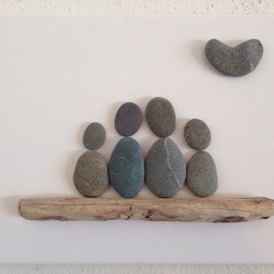 Pebble art/ Family of four/ Heart shaped rock/ driftwood/ Canvas Art