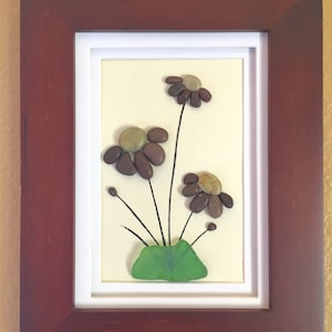 Pebble art, sea glass art, beach home decor, wall art decor, flowers, wall hanging, framed art