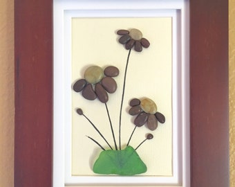 Pebble art, sea glass art, beach home decor, wall art decor, flowers, wall hanging, framed art