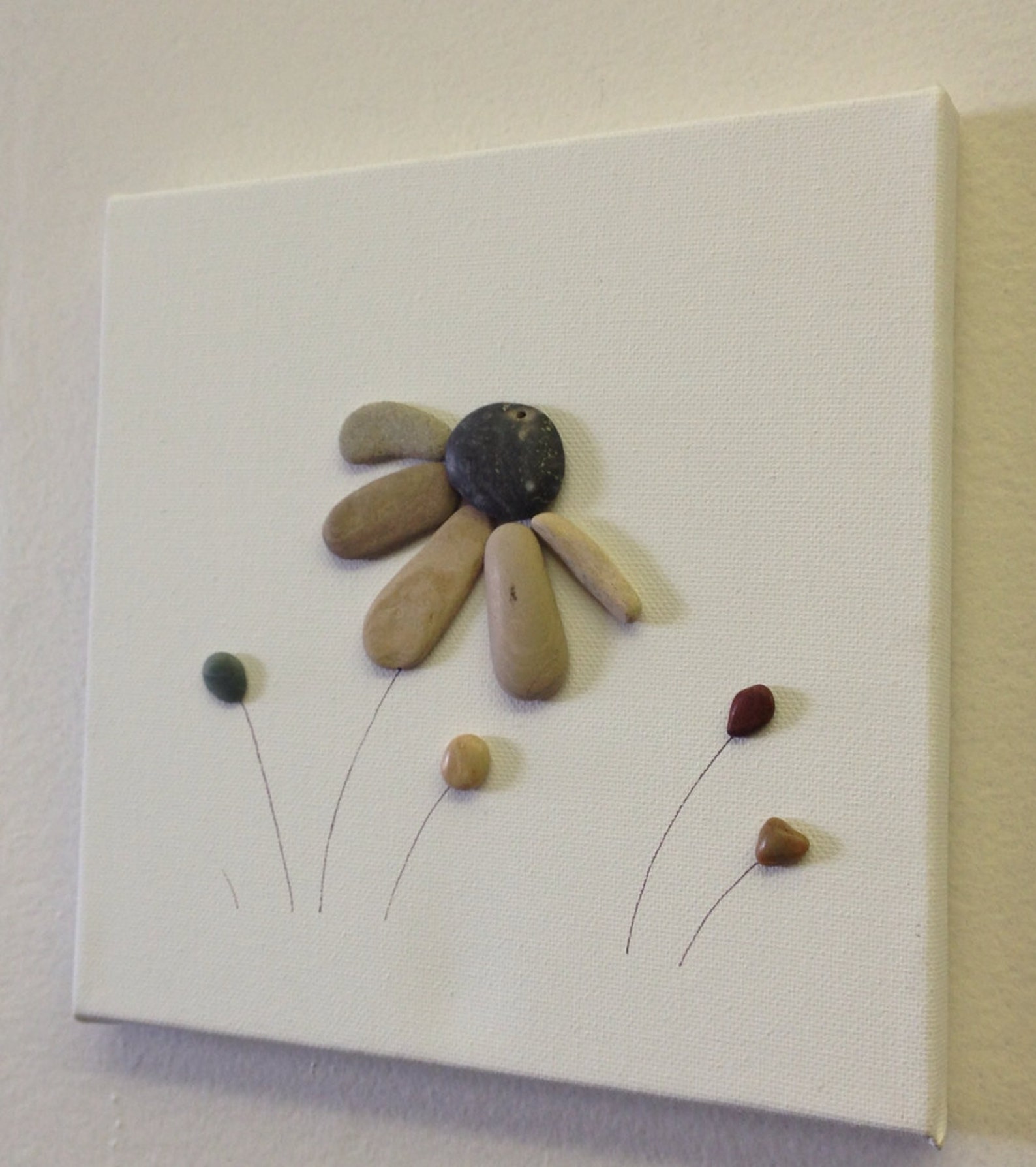 Beach Stone Artwork/ Pebble Art/ Canvas Art/ Collageblackeyed Susan