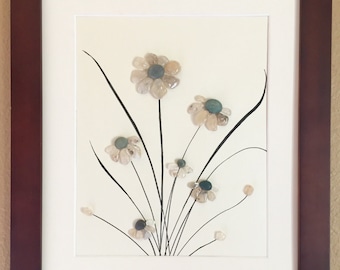 Pebble art, Home decor, beach home decor, flower art, framed art