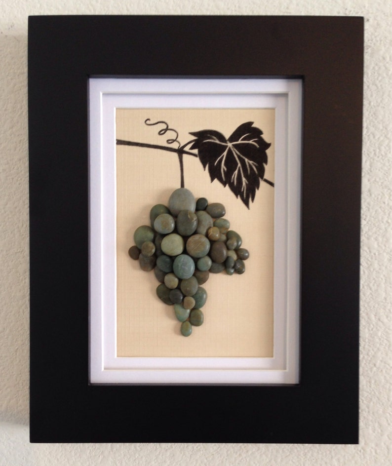 Pebble art, wine grapes, grapevine, wine, green, wall art decor, home decor, tuscany, unique gift, wall hanging image 1