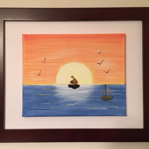 Sea glass art, Acrylic painting, pebble art, nautical, floating canvas, ocean, sailboats, sunset, beach home decor, boys nursery,