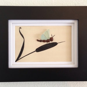 Sea glass art, pebble art, framed and matted art, home decor, beach home decor, unique gift, dragonfly, wall hanging