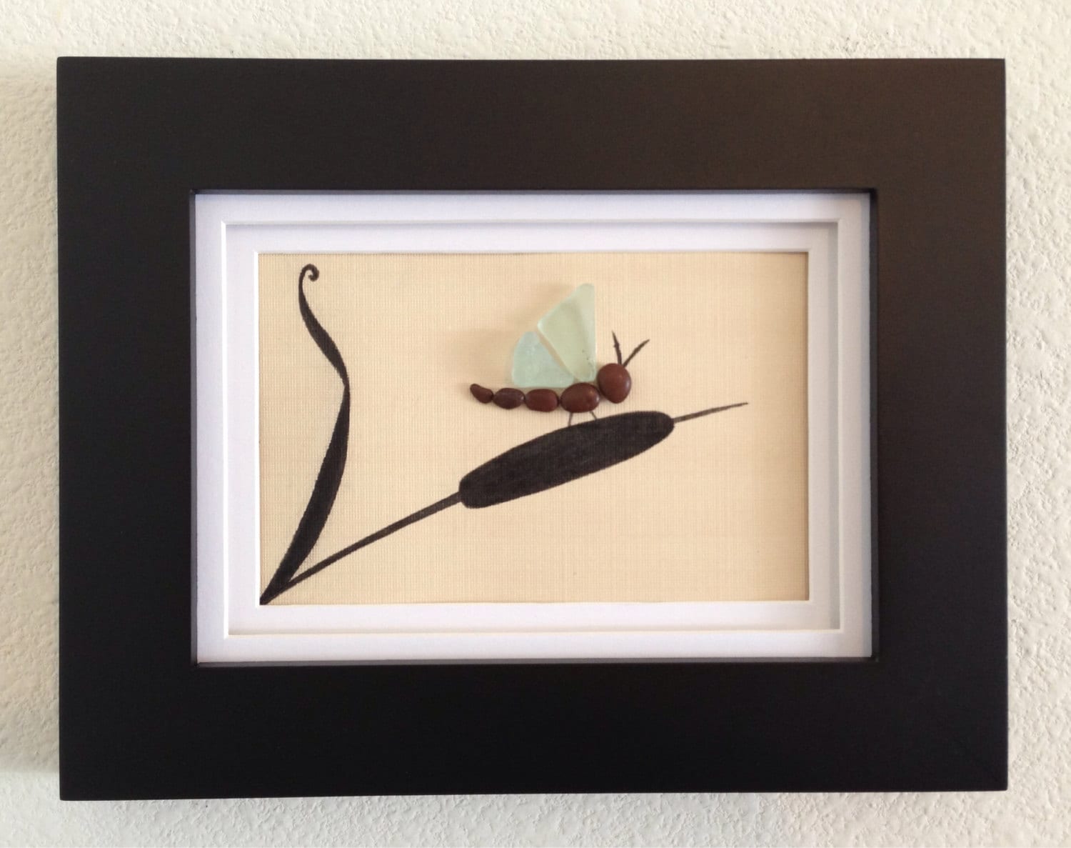 Sea glass art, pebble art, framed and matted art, home decor, beach home decor, unique gift, dragonfly, wall hanging
