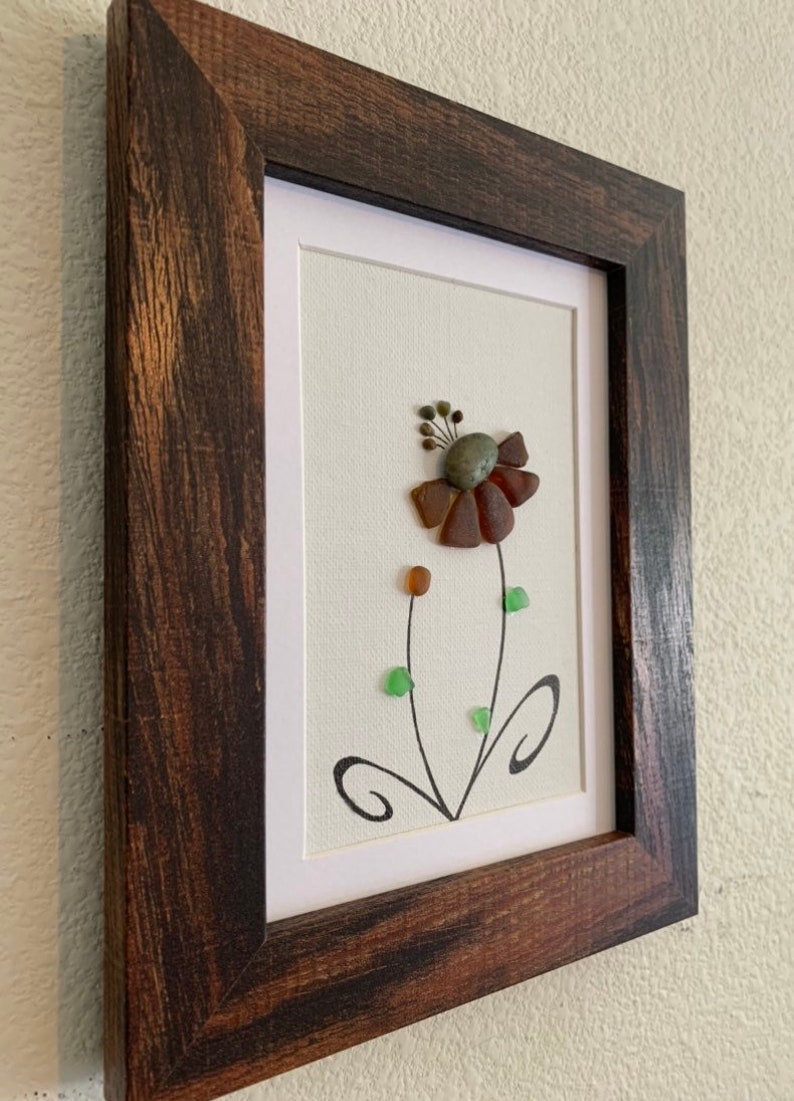 Brown and Green Sea Glass Art, Pebble Art, Flower, Framed Art, Beach