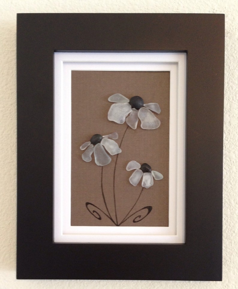 Genuine Sea Glass Art Pebble Wall Decor Home Flowers Unique Gift Brown Background