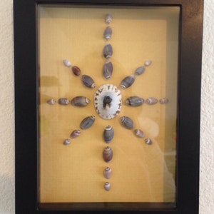 May include: A framed artwork featuring a symmetrical design of seashells arranged in a starburst pattern on a yellow background.
