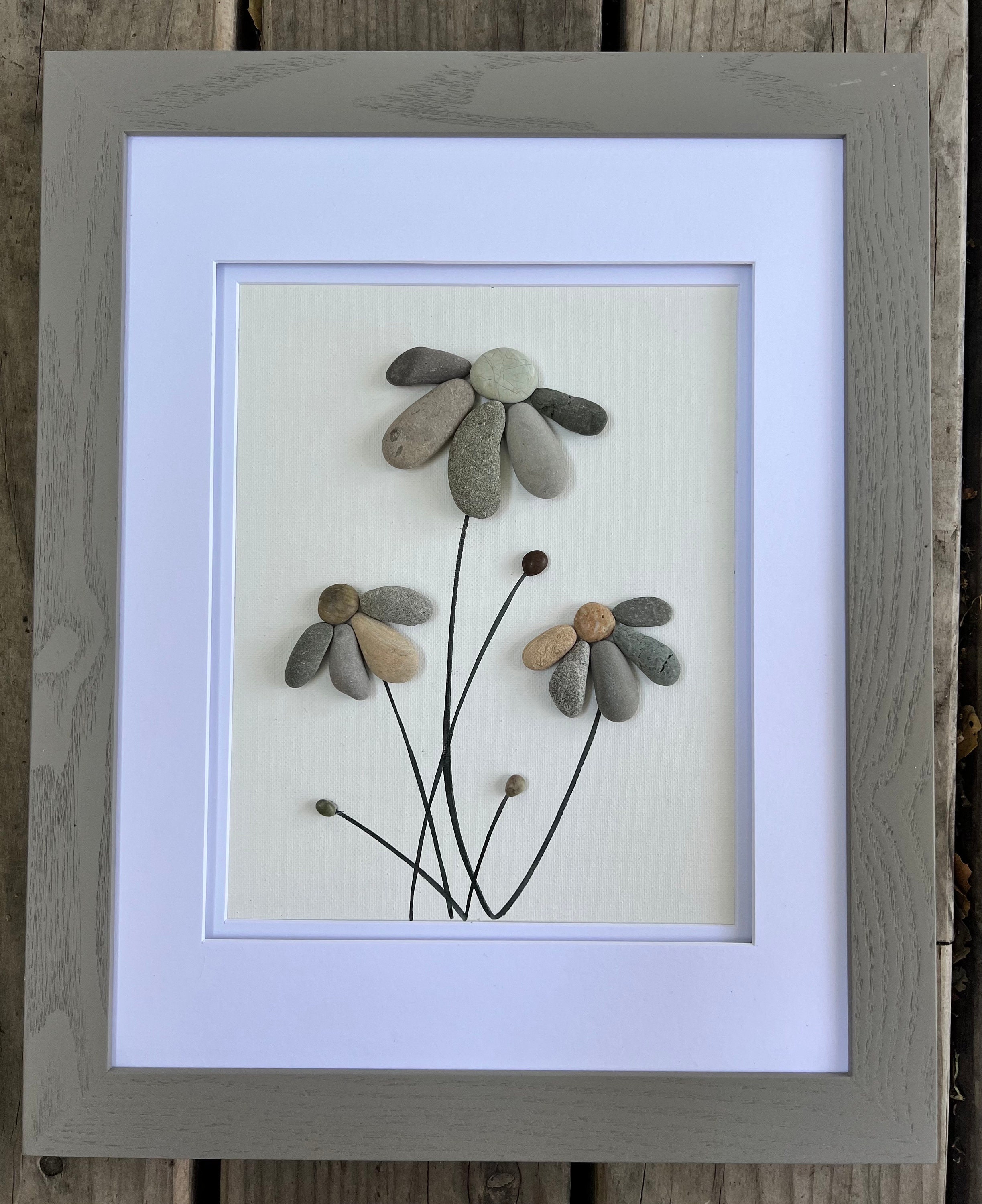 Pebble Art, Flowers, Floating Canvas, Framed Art, Beach Decor