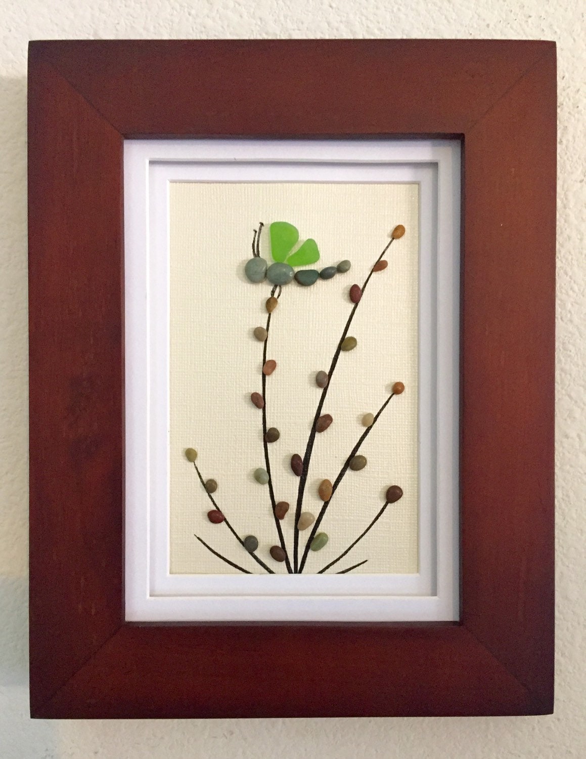 Genuine Green Sea glass art, Pebble art, home decor, beach decor, wall hanging, dragonfly, green, unique gift