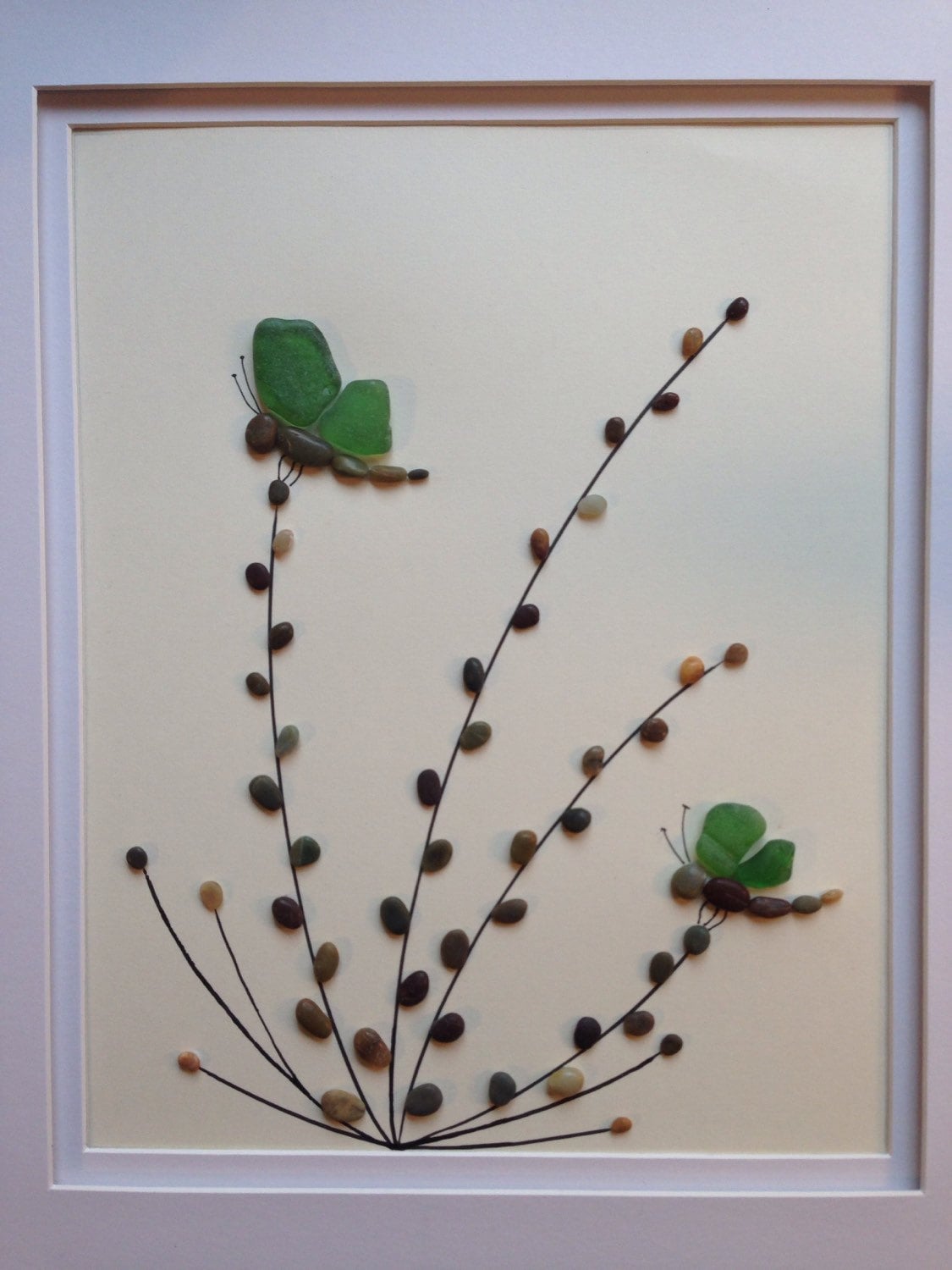 Genuine Green Sea Glass Art, Pebble Art, Dragonflies, Collage, Wall