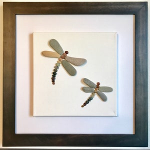 Dragon Flies-Natural Beach Stones/ Pebble Art/ Canvas Art/ Collage/ Rainbow