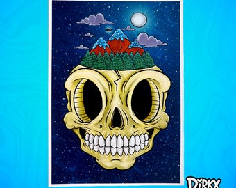 Mountainscape Skull: Full Moon Satin Art Print by Dirkx Ink