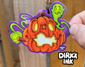 Smoking Pumpkin Halloween Gloss Vinyl Cartoon Funny Ghost Skateboard Laptop Sticker Decal