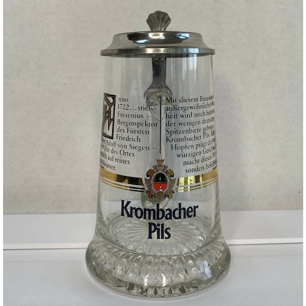 Vintage Crystal German Beer Stein Mug Krombacher Pils Pewter Etched Lid 6.9"