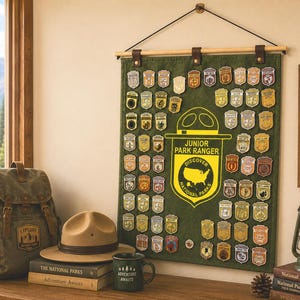 National Park Junior Ranger Badge Display Banner Plus, Scout Badge Holder, Patch & Enamel Pin Organizer, National Parks Wall Decor Gift