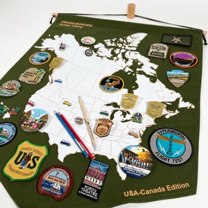 National Park Road Trip Planner Banner with Campervan Enamel Pins