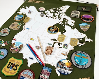 National Park Cross-Border Road Trips Planner & Junior Ranger Display Banner w/ Campervan Enamel Pins Collection