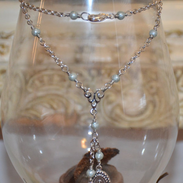 Miraculous Medal & Crucifix necklace, silver toned and wire wrapped with ice blue glass pearls