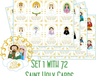 May include: Set of 72 colorful saint holy cards featuring illustrations of various saints and the Virgin Mary. Each card includes a prayer to the saint depicted. The cards are designed with a gold and white border and are perfect for religious education or personal devotion.