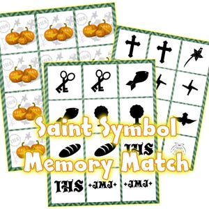 May include: A green and white memory match game with saint symbols. The symbols include a cross, a fish, a key, a tree, a dove, a loaf of bread, a crown, and a pumpkin. The game is titled "Saint Symbol Memory Match" and includes the text "IHS + JMJ + JMJ + ".