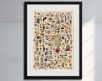 Sailor Jerry Tattoo Designs (Flash) Wall Art Print - Done on Hahnemuhle Fine Art Photo Rag Paper with Archival Inks - 24&quot;x36&quot; (Unframed)
