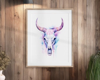 Western Wall Art - Boho Bull Steer Skull Watercolor | Coastal Cowboy Wall Decor | Southwestern Ranch Art | Contemporary Ranch Decor