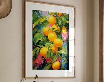 Lemon Tree Pink Fuchsia Wall Art Print | Sweet and Sour Citrus Kitchen Decor | Fruit and Flowers Painting |  Illustration Giclee Print